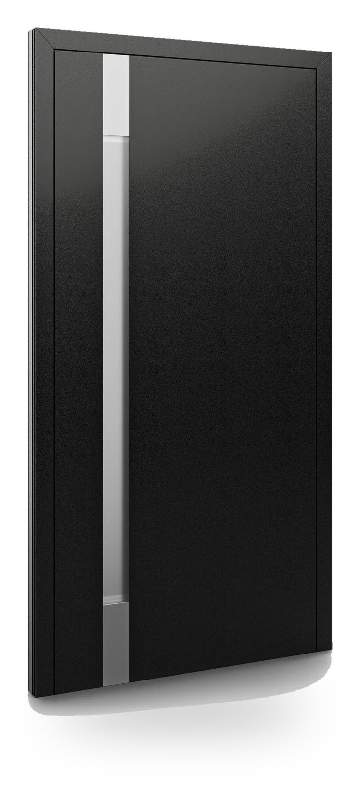 Eko-Okna DP25A — drzwi aluminiowe, z szybą, pionowy pas szkła z ramką inox