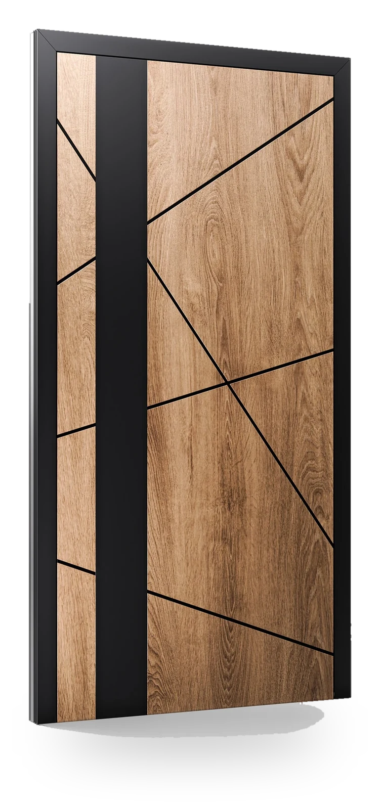 Eko-Okna NBD6132BLACK — drzwi aluminiowe, panel pełny, ral 9005 / turner oak malt, ukośne aplikacje czarne