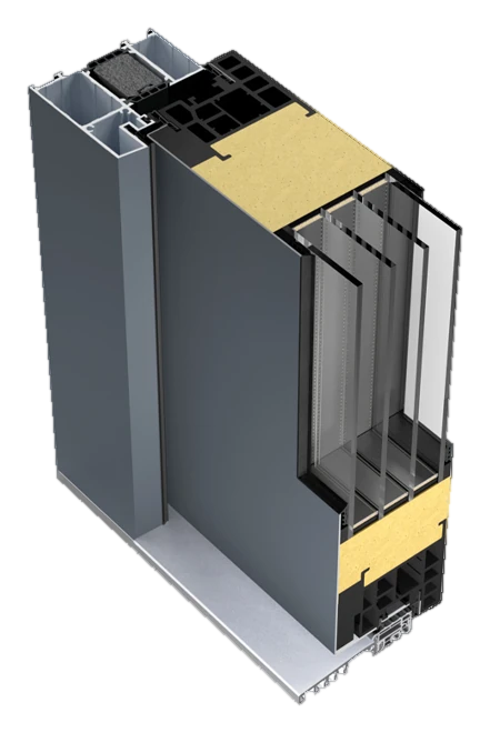 Martom Passive 90 — przekrój skrzydła i ościeżnicy aluminiowej z pakietem szyb