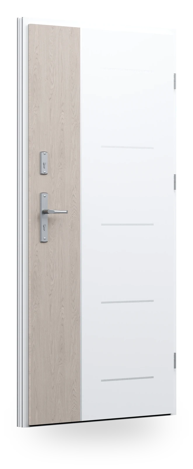 Wikęd FI02b — drzwi stalowe, panel pełny, intarsje aluminiowe zlicowane ze skrzydłem