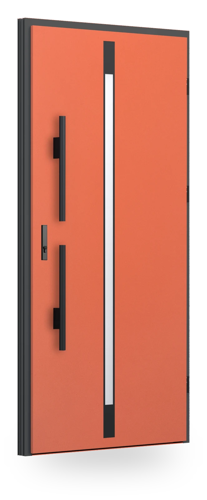 Wikęd FI05a — drzwi stalowe, z szybą, intarsje aluminiowe zlicowane ze skrzydłem + ramka black/inox