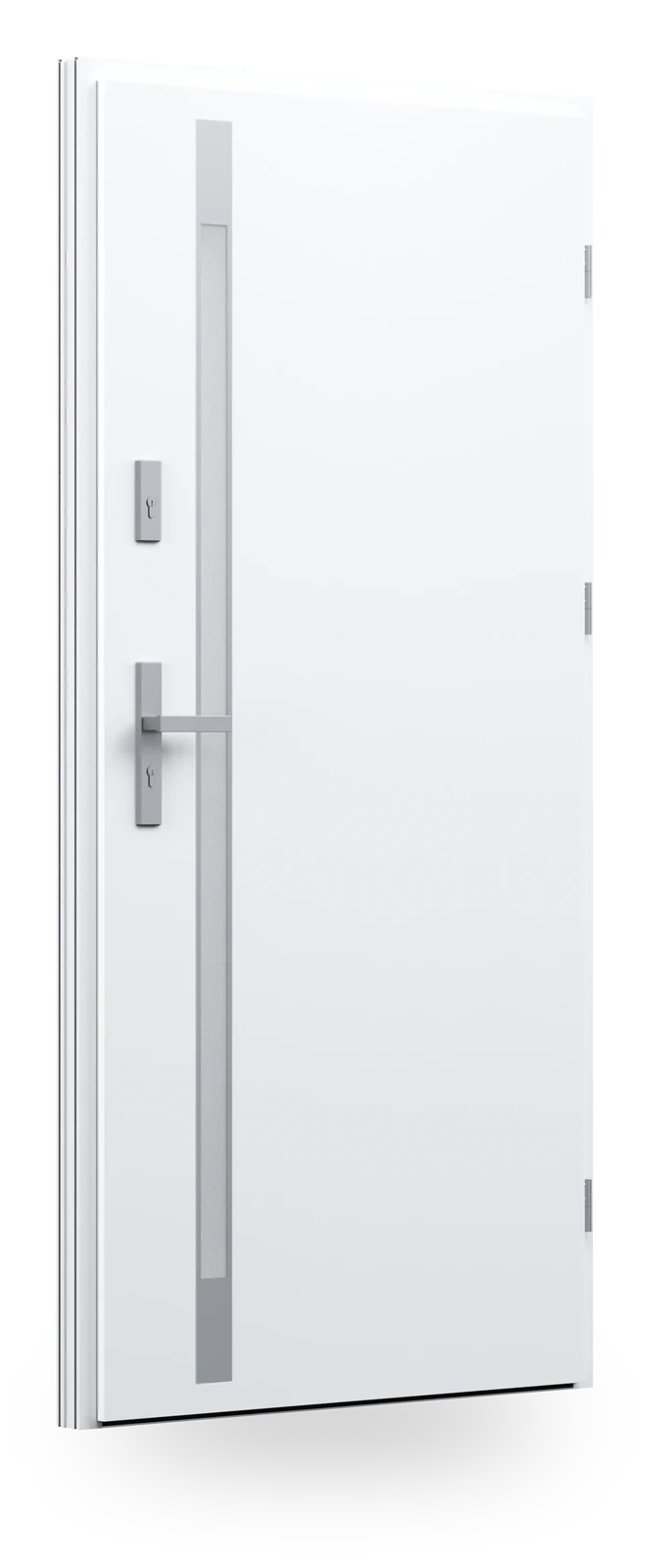 Wikęd FI05b — drzwi stalowe, z szybą, intarsje aluminiowe zlicowane ze skrzydłem + ramka black/inox