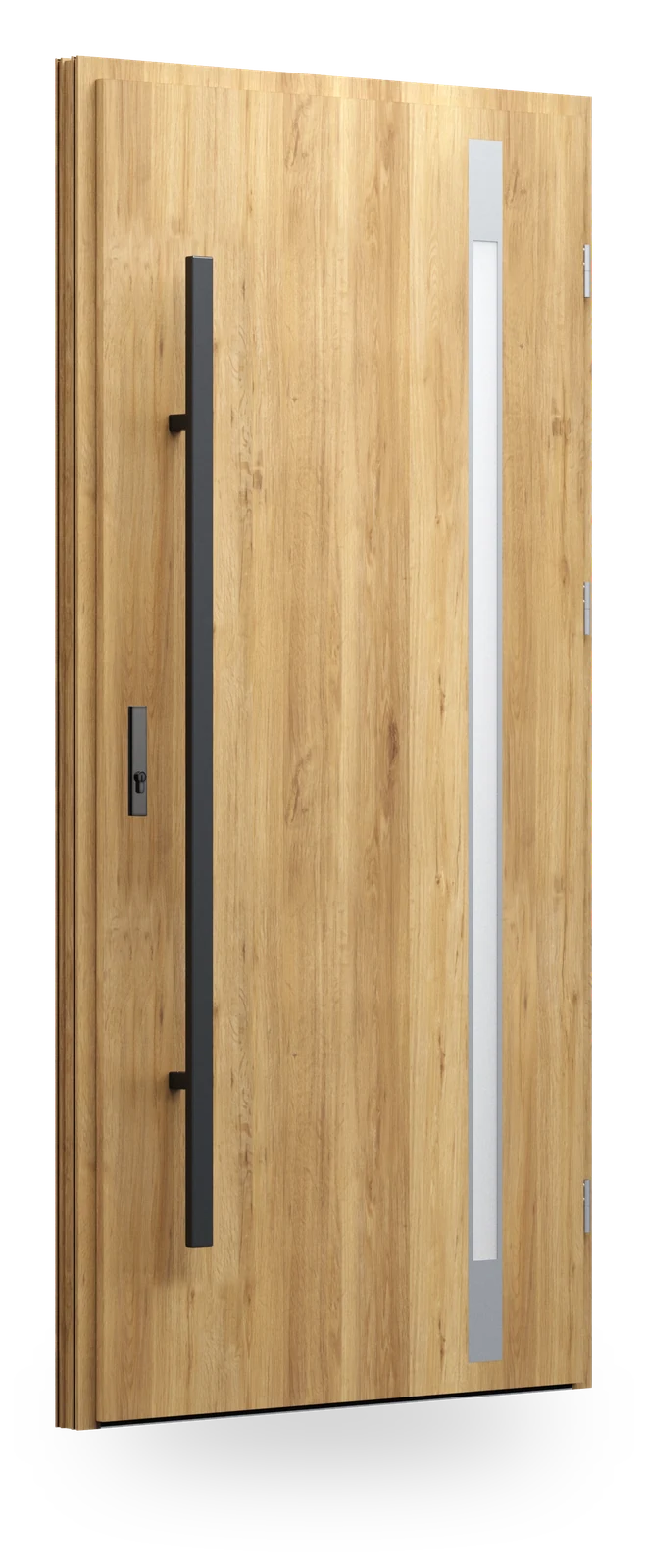 Wikęd FI05c — drzwi stalowe, z szybą, intarsje aluminiowe zlicowane ze skrzydłem + ramka black/inox