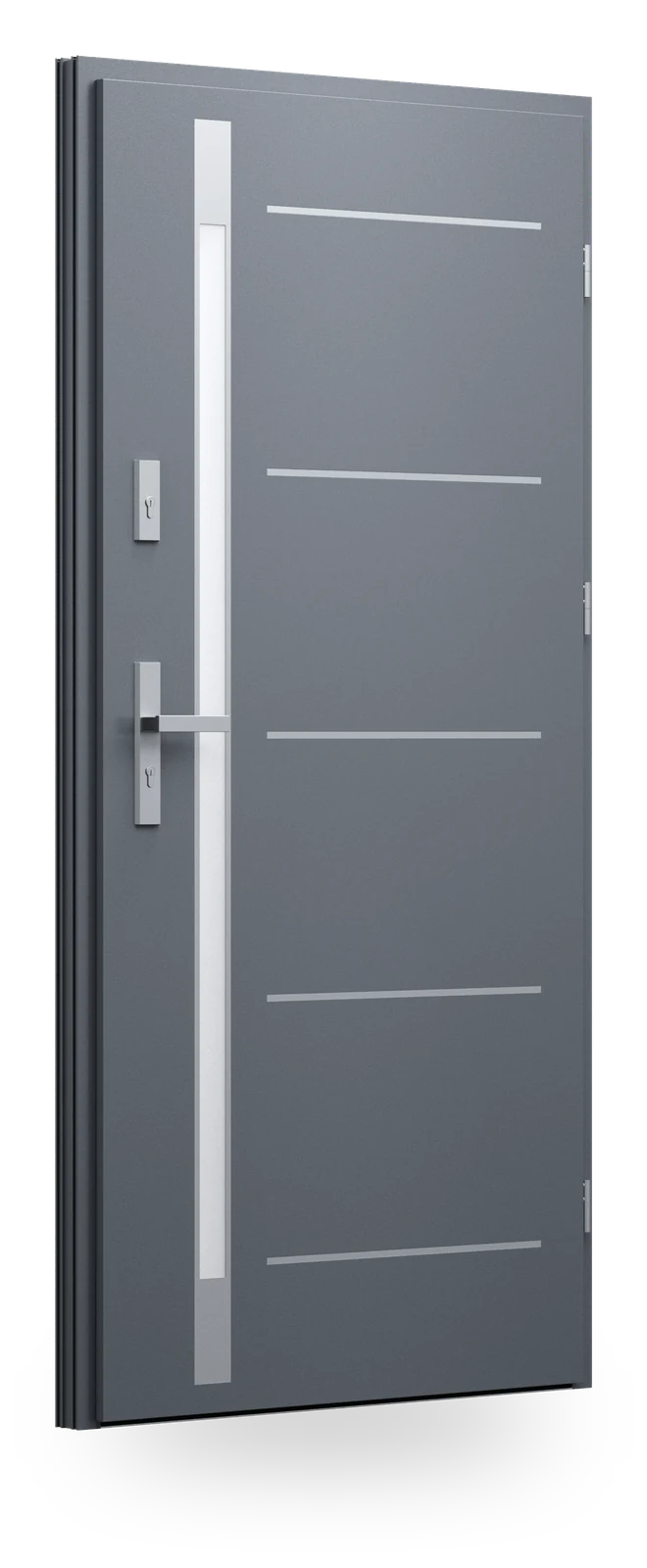 Wikęd FI05d — drzwi stalowe, z szybą, intarsje aluminiowe zlicowane ze skrzydłem + ramka black/inox