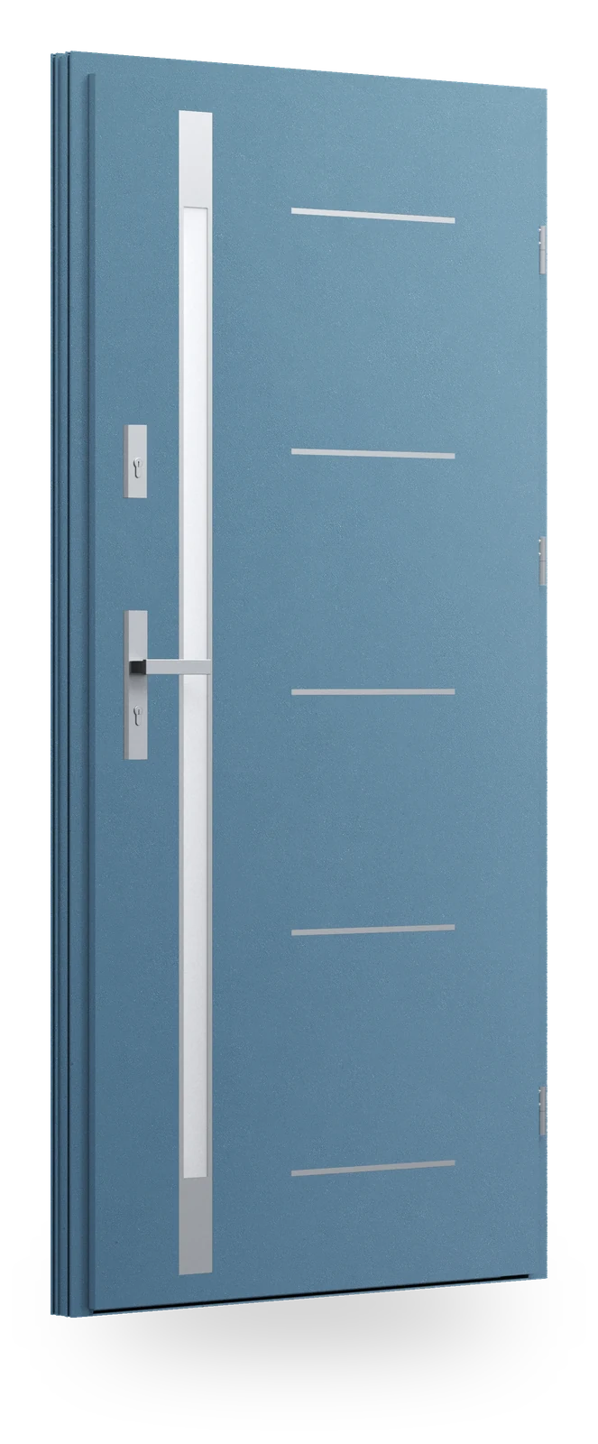 Wikęd FI05e — drzwi stalowe, z szybą, intarsje aluminiowe zlicowane ze skrzydłem + ramka black/inox