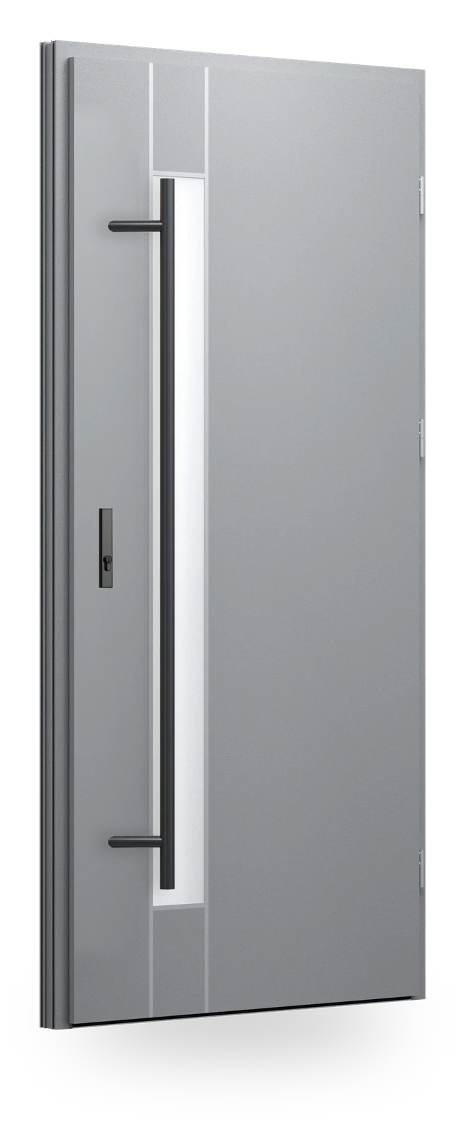 Wikęd FI06b — drzwi stalowe, z szybą, intarsje aluminiowe zlicowane ze skrzydłem + ramka black/inox