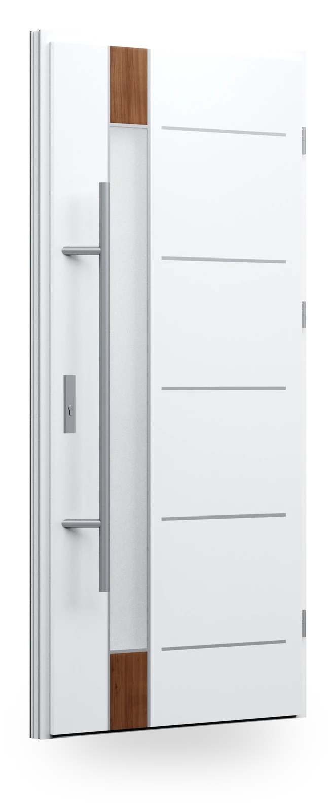 Wikęd FI06d — drzwi stalowe, z szybą, intarsje aluminiowe zlicowane ze skrzydłem + ramka black/inox