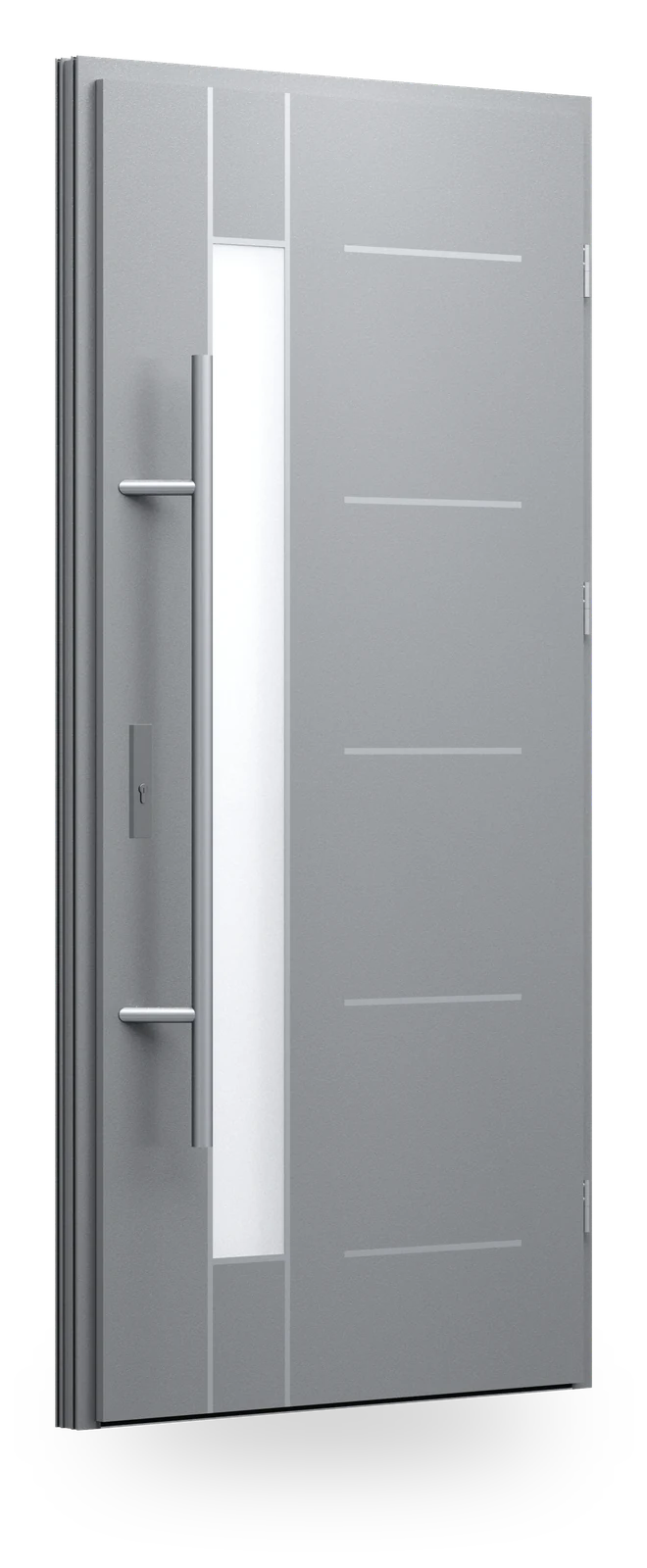 Wikęd FI06e — drzwi stalowe, z szybą, intarsje aluminiowe zlicowane ze skrzydłem + ramka black/inox