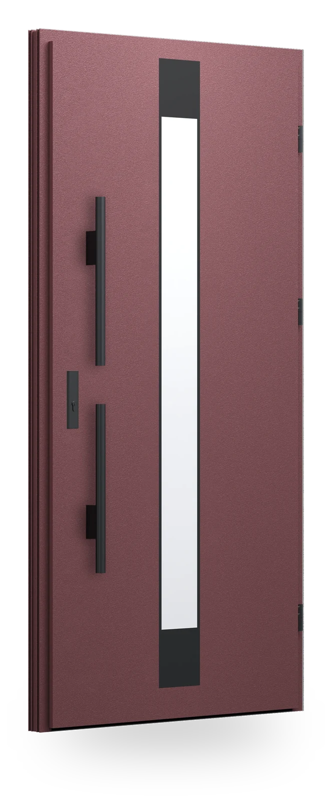 Wikęd FI07a — drzwi stalowe, z szybą, intarsje aluminiowe zlicowane ze skrzydłem + ramka black/inox