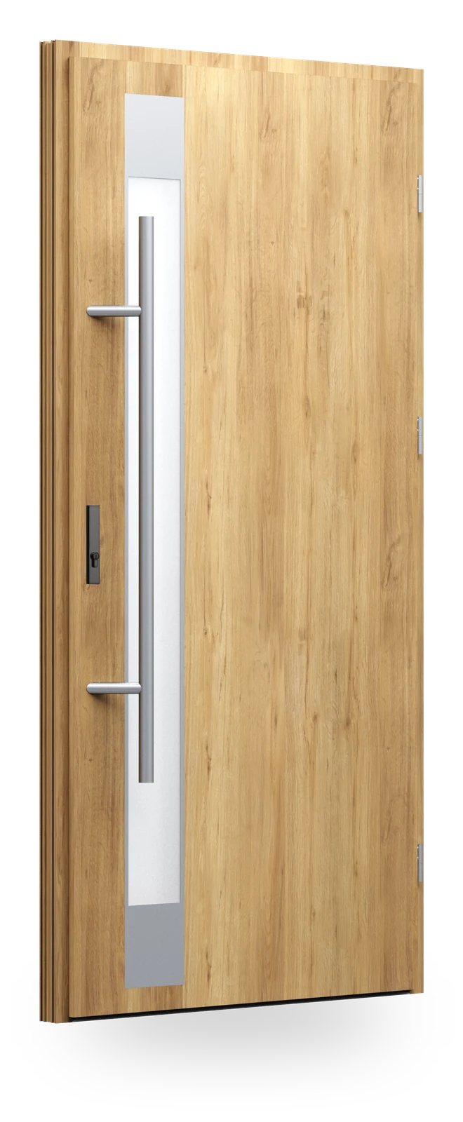 Wikęd FI07b — drzwi stalowe, z szybą, intarsje aluminiowe zlicowane ze skrzydłem + ramka black/inox