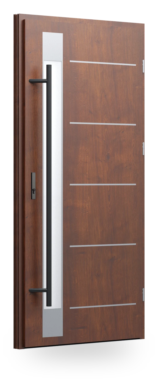 Wikęd FI07d — drzwi stalowe, z szybą, intarsje aluminiowe zlicowane ze skrzydłem + ramka black/inox