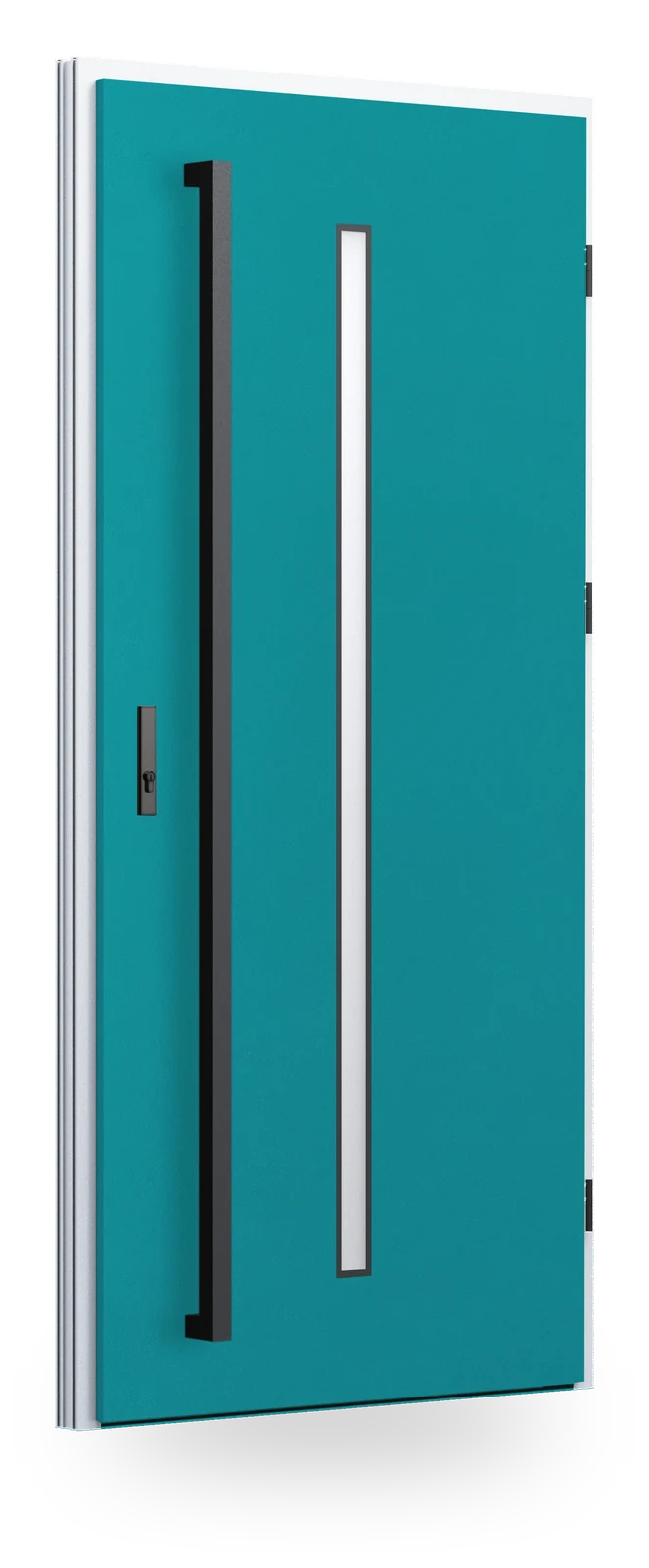 Wikęd FI10b — drzwi stalowe, z szybą, intarsje aluminiowe zlicowane ze skrzydłem + ramka black/inox