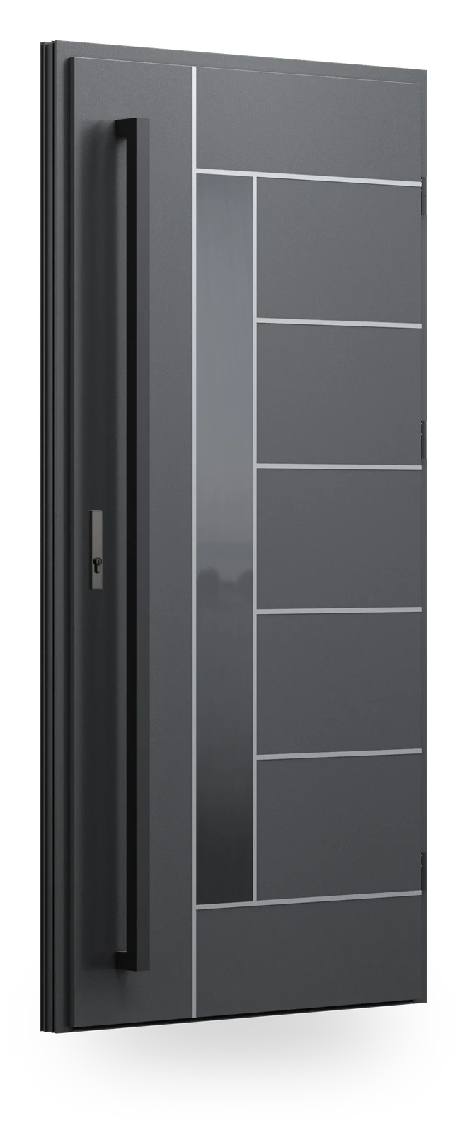 Wikęd FI11 — drzwi stalowe, z szybą, intarsje aluminiowe zlicowane ze skrzydłem + ramka black/inox