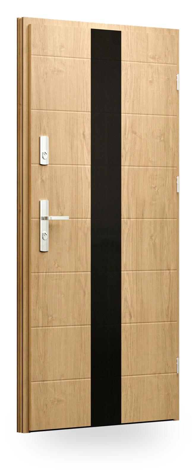 Wikęd GF02b — drzwi stalowe, panel pełny, pas szkła black lacobel