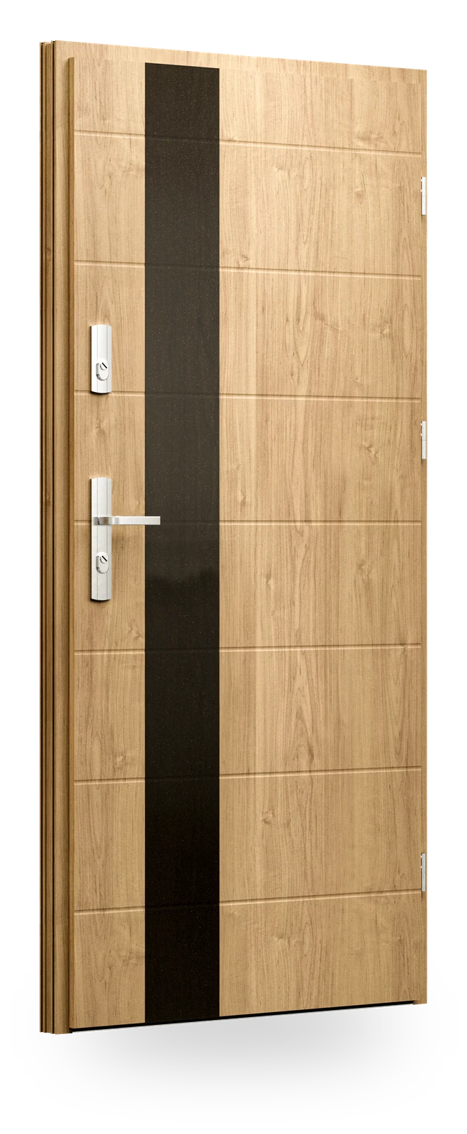 Wikęd GF02c — drzwi stalowe, panel pełny, pas szkła black lacobel