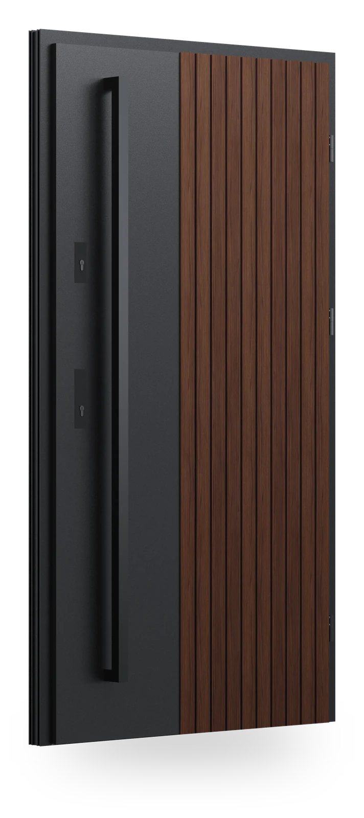 Wikęd ML01 — drzwi stalowe, panel pełny, lamele aluminiowe + ramka black/inox