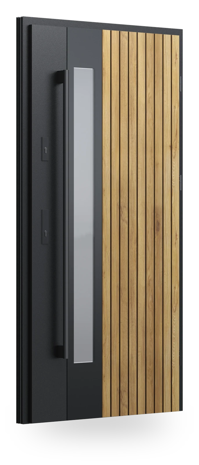 Wikęd ML02 — drzwi stalowe, z szybą, lamele aluminiowe + ramka black/inox