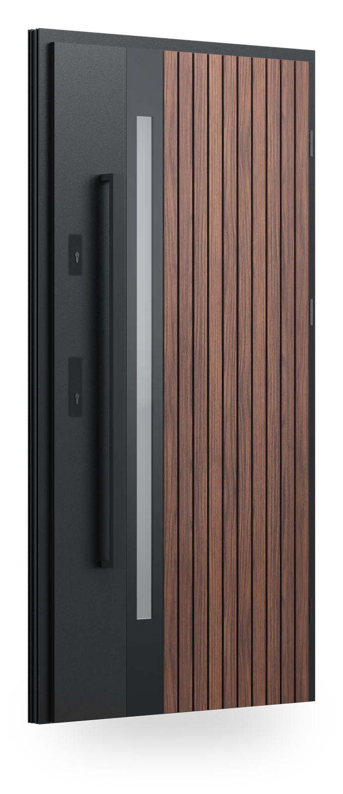 Wikęd ML03 — drzwi stalowe, z szybą, lamele aluminiowe + ramka black/inox