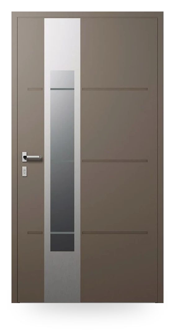 Wiśniowski CREO 321 — drzwi aluminiowe, z pasem szyby matowej, aplikacje inox lub w kolorze