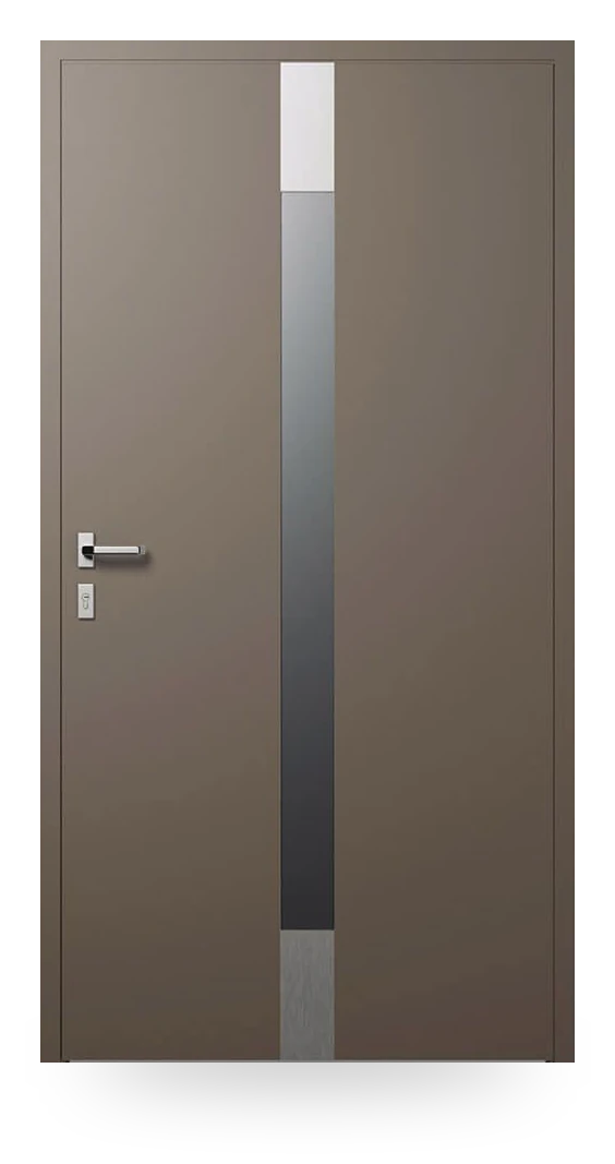 Wiśniowski CREO 401 — drzwi aluminiowe, z pasem szyby matowej, aplikacje inox lub w kolorze