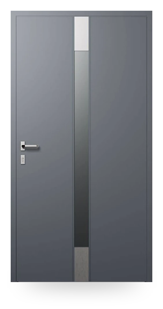 Wiśniowski CREO 403 — drzwi aluminiowe, z pasem szyby matowej, aplikacje inox lub w kolorze