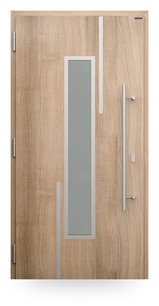 Wiśniowski NOVA 002 — drzwi aluminiowo-stalowe, z pasem szyby, aplikacje inox lub czarne