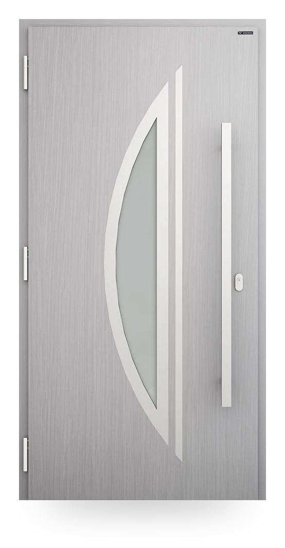 Wiśniowski NOVA 003 — drzwi aluminiowo-stalowe, z pasem szyby, aplikacje inox lub czarne