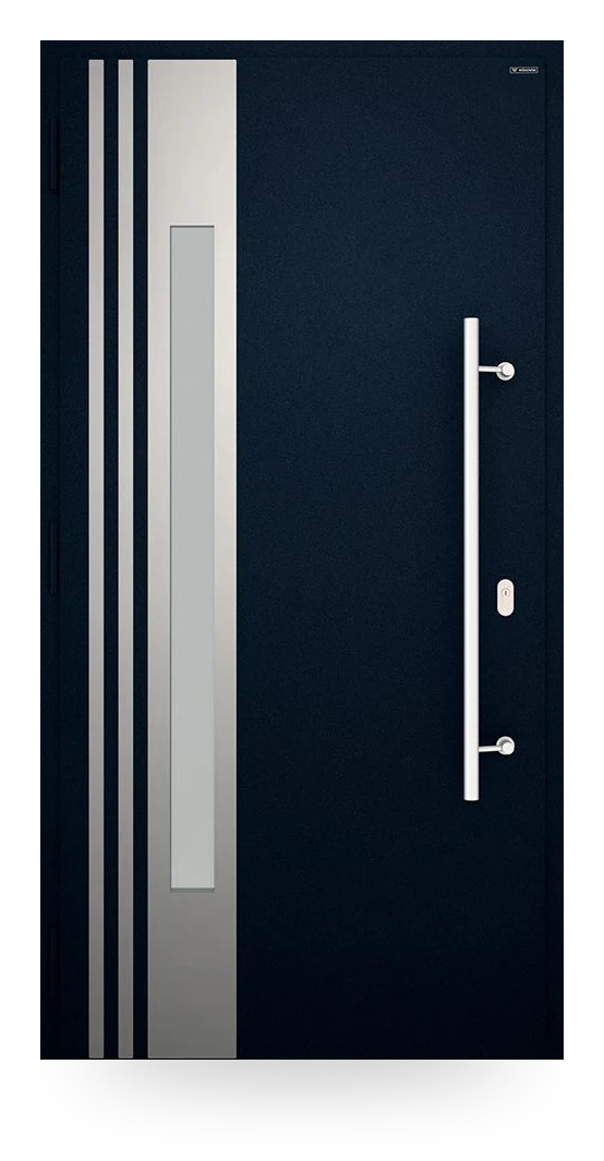 Wiśniowski NOVA 004 — drzwi aluminiowo-stalowe, z pasem szyby, aplikacje inox lub czarne