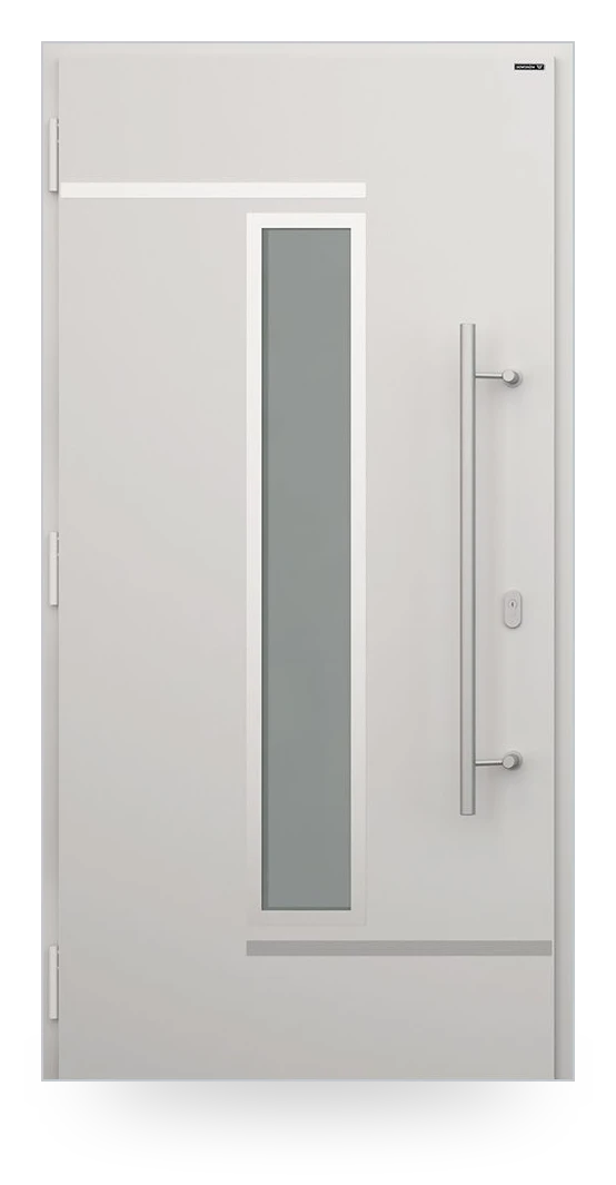 Wiśniowski NOVA 005 — drzwi aluminiowo-stalowe, z pasem szyby, aplikacje inox lub czarne