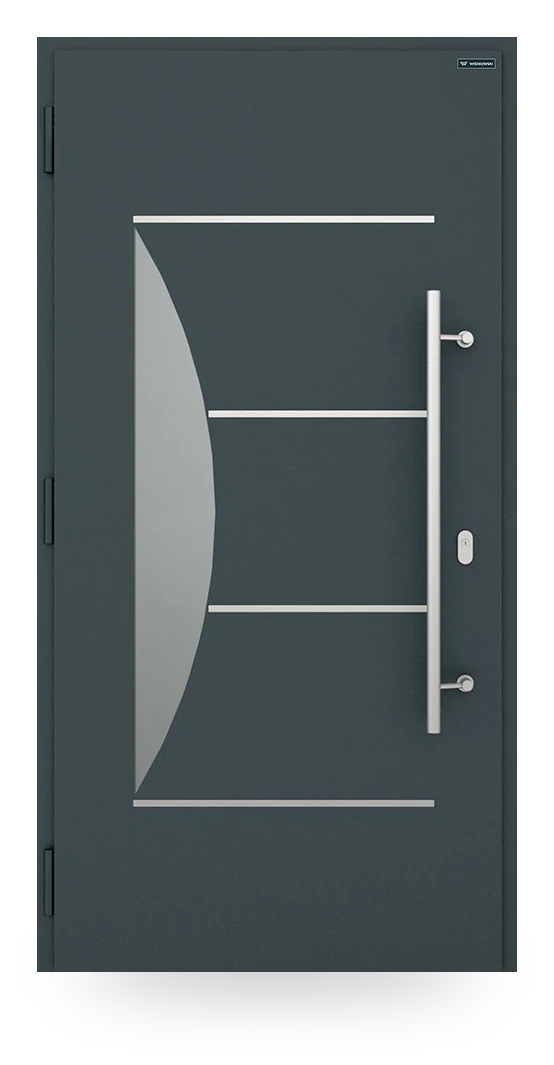 Wiśniowski NOVA 016 — drzwi aluminiowo-stalowe, z pasem szyby, aplikacje inox lub czarne