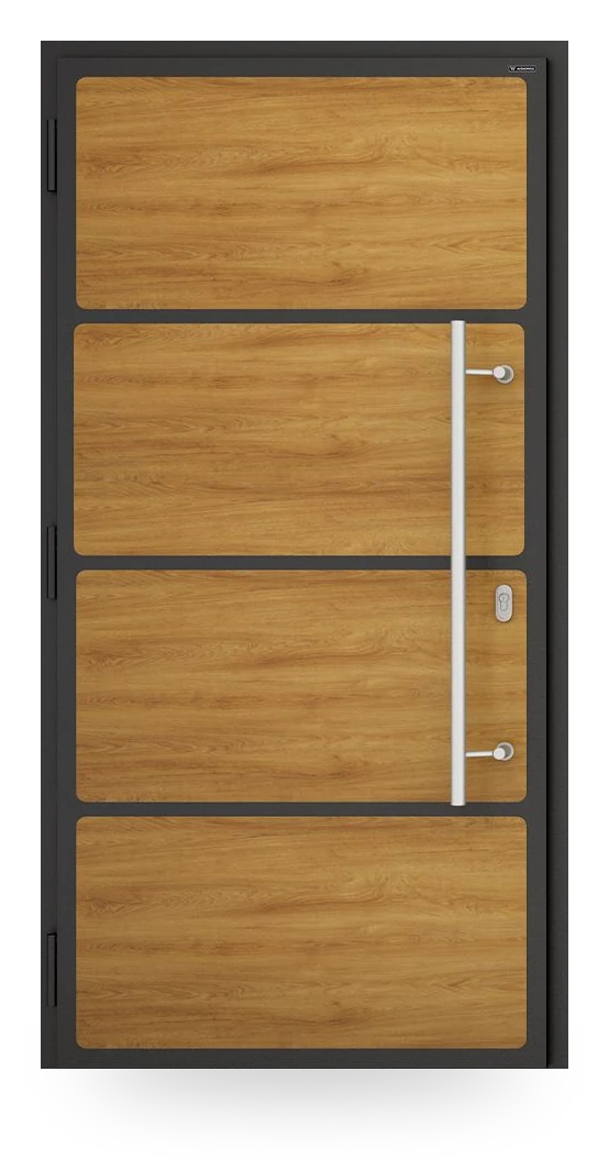 Wiśniowski NOVA 018 — drzwi aluminiowo-stalowe, panel pełny, aplikacje inox lub czarne