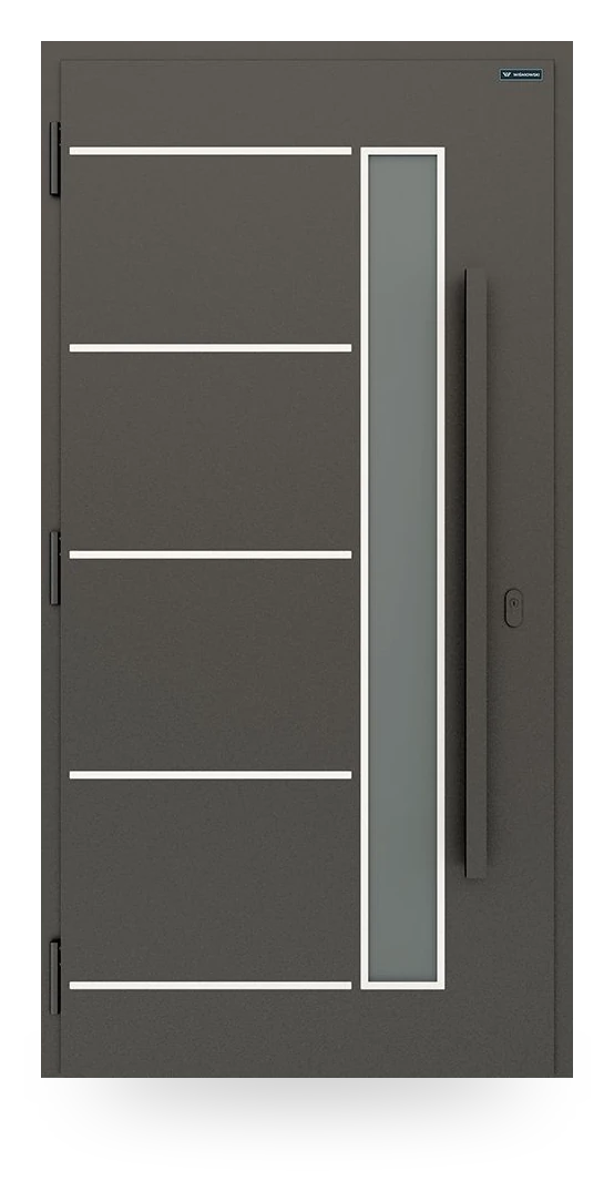 Wiśniowski NOVA 020 — drzwi aluminiowo-stalowe, z pasem szyby, aplikacje inox lub czarne