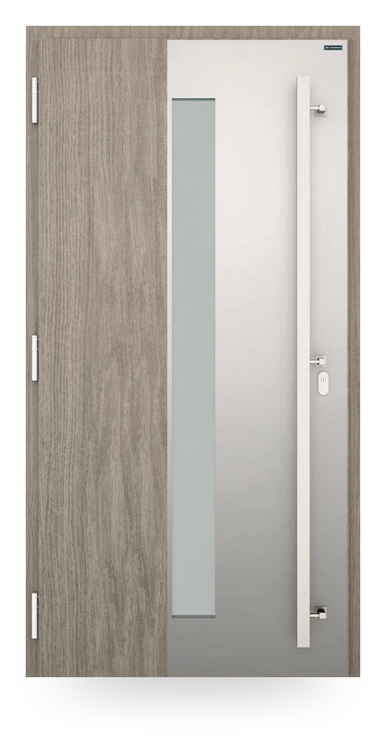 Wiśniowski NOVA 024 — drzwi aluminiowo-stalowe, z pasem szyby, aplikacje inox lub czarne