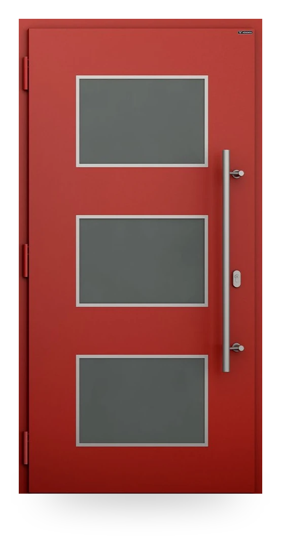Wiśniowski NOVA 027 — drzwi aluminiowo-stalowe, z pasem szyby, aplikacje inox lub czarne