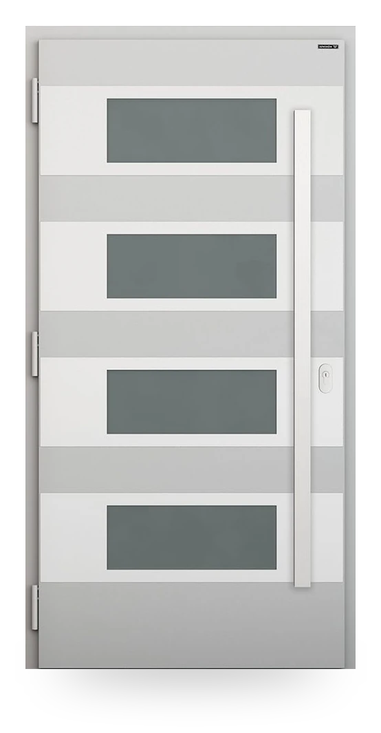 Wiśniowski NOVA 029 — drzwi aluminiowo-stalowe, z pasem szyby, aplikacje inox lub czarne