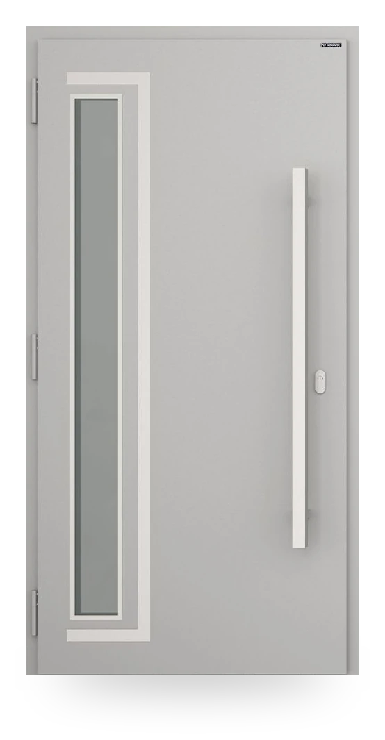 Wiśniowski NOVA 031 — drzwi aluminiowo-stalowe, z pasem szyby, aplikacje inox lub czarne