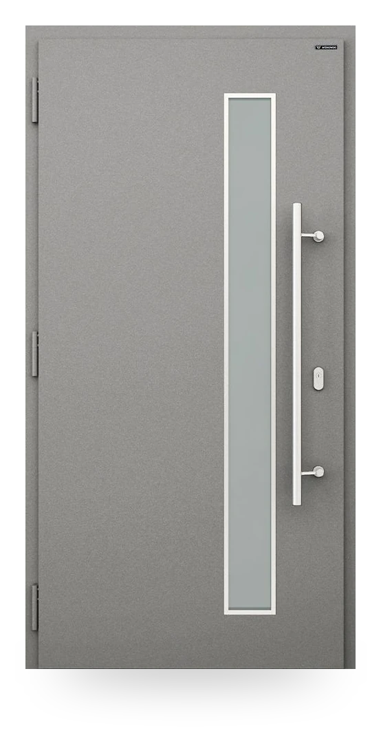 Wiśniowski NOVA 032 — drzwi aluminiowo-stalowe, z pasem szyby, aplikacje inox lub czarne