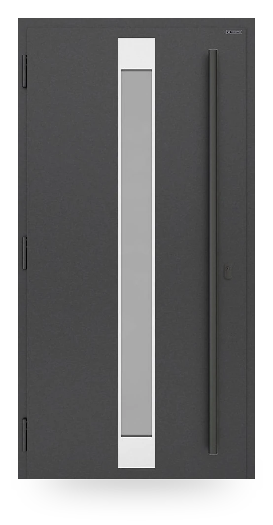 Wiśniowski NOVA 033 — drzwi aluminiowo-stalowe, z pasem szyby, aplikacje inox lub czarne