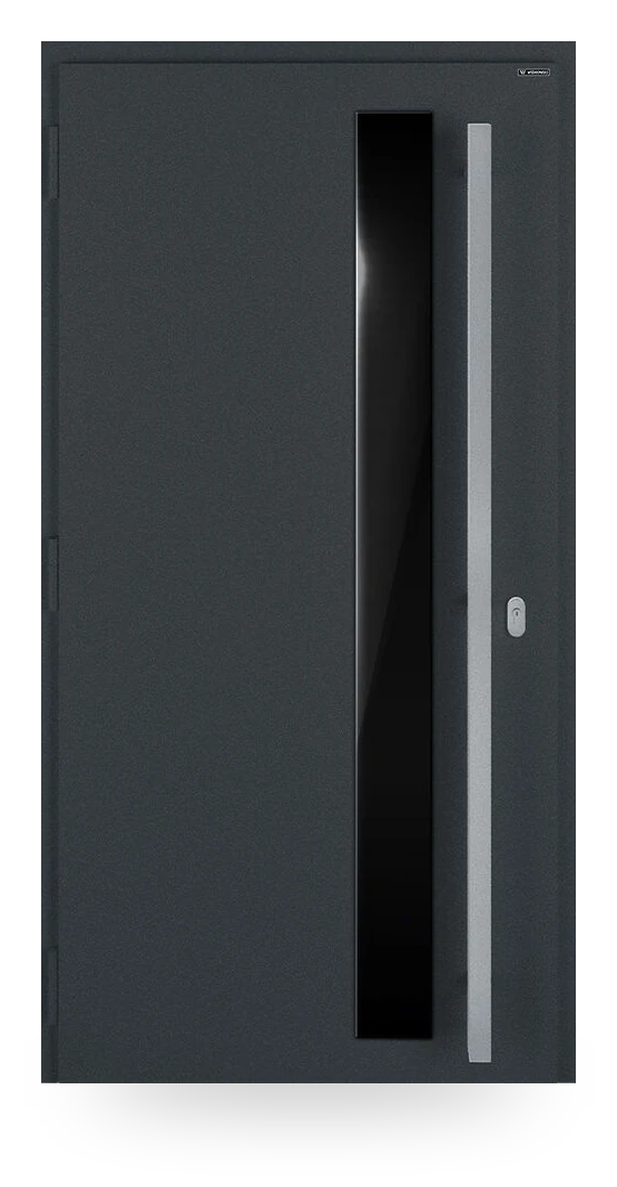 Wiśniowski NOVA 040 — drzwi aluminiowo-stalowe, panel pełny, aplikacja z czarnego szkła