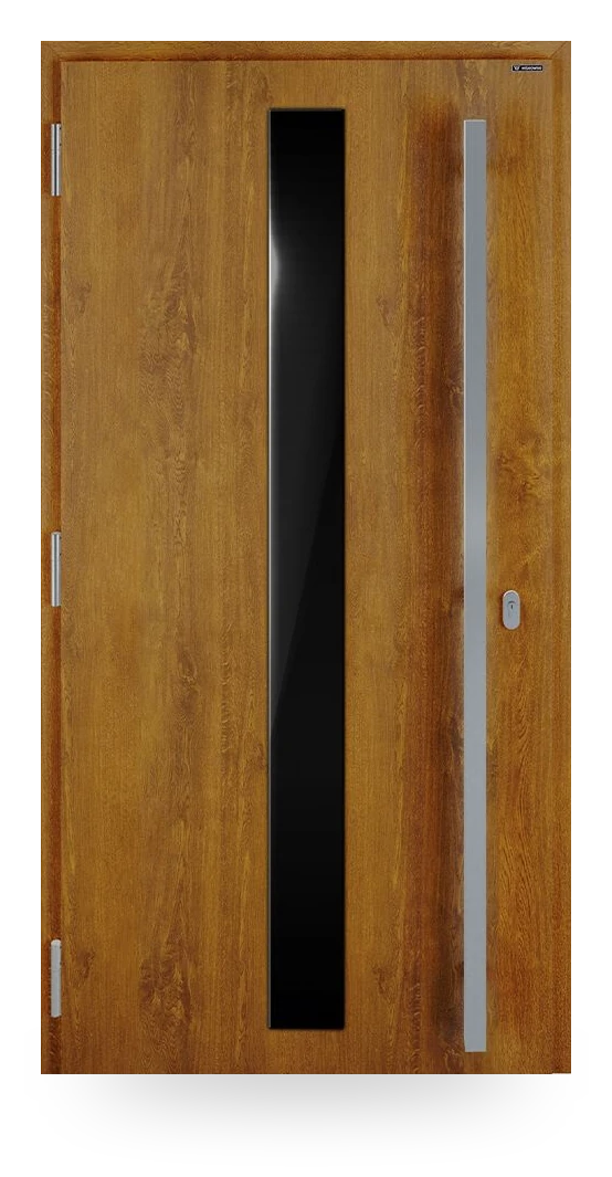 Wiśniowski NOVA 041 — drzwi aluminiowo-stalowe, panel pełny, aplikacja z czarnego szkła