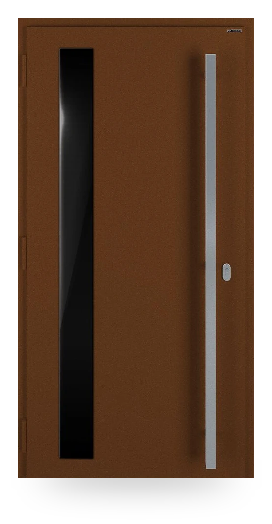 Wiśniowski NOVA 042 — drzwi aluminiowo-stalowe, panel pełny, aplikacja z czarnego szkła